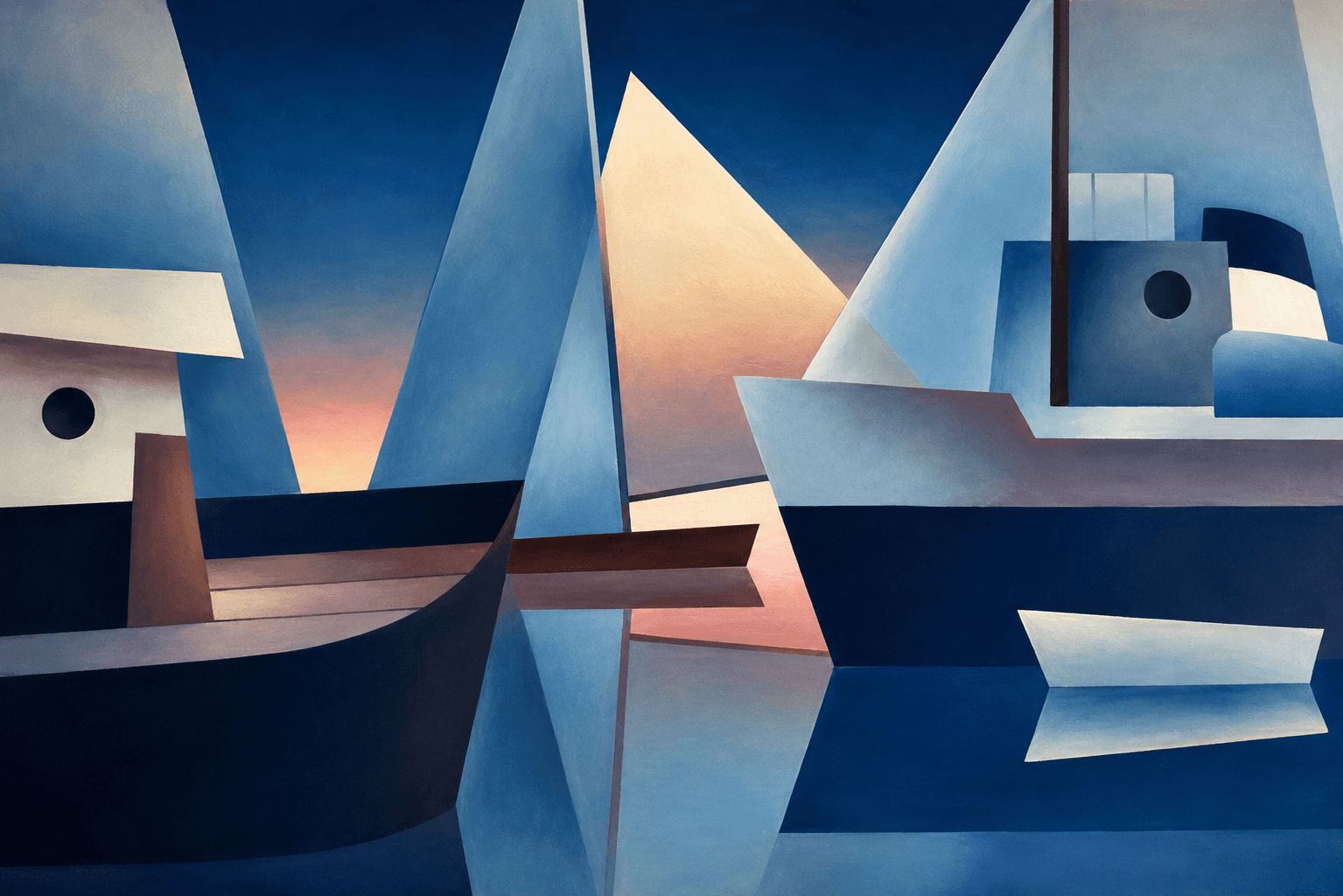 Composición artística de embarcacións, velas e mar